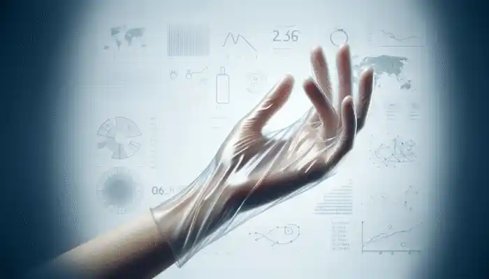 Polythene Gloves in Manchester: A clear, lightweight polythene glove on a hand, showcasing its thin, transparent texture on a sterile, white background.