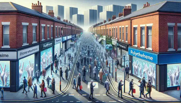 A Manchester street with shops displaying polythene gloves, customers in pharmacies and warehouses, and online purchase notifications on smartphones.