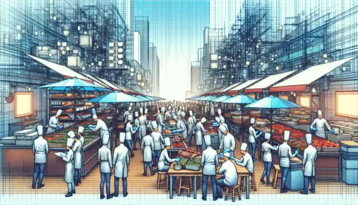 Chefs in Manchester food market testing durable polythene gloves, with suppliers providing samples and certifications.