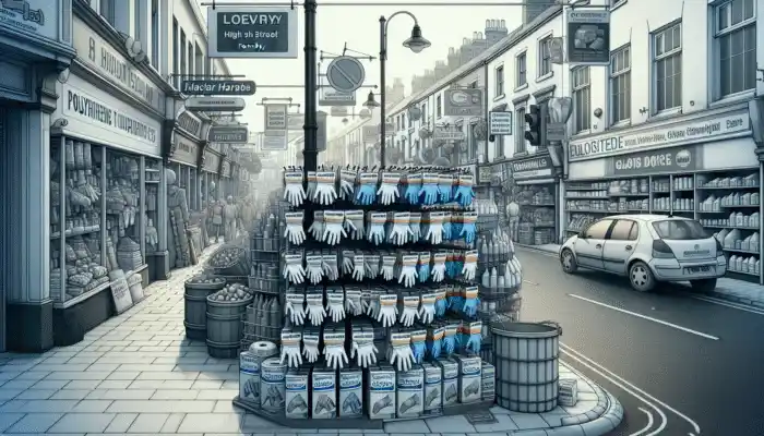 Polythene Gloves In Formby: Formby high street with hardware stores and supermarkets offering various polythene gloves for different needs.