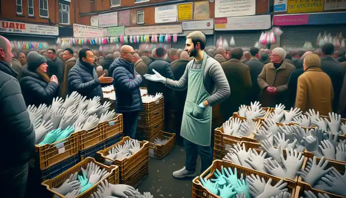 Vendor in Formby market discussing polythene glove quality and selection with customers.