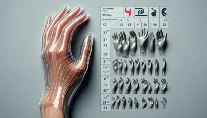 Hand in well-fitted transparent polythene gloves, with sizing chart background showing sizes from small to extra-large.