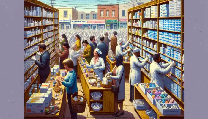 Latex Gloves in Barry: A busy pharmacy in Barry with shelves of latex gloves for various uses, catering to all customers.