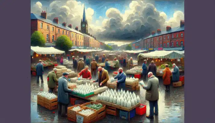Market scene in Ilkeston with vendors selling polythene gloves, experts discussing, shoppers comparing under cloudy, drizzly sky.