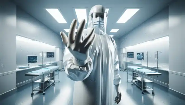 Polythene Gauntlet Gloves in Dunfermline: A person in polythene gauntlet gloves working in a sterile environment for hygiene.