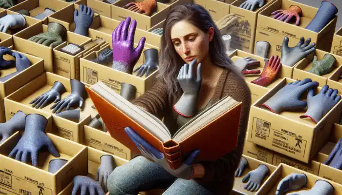 Person in Dunfermline choosing polythene gauntlet gloves from a catalog, surrounded by boxes.