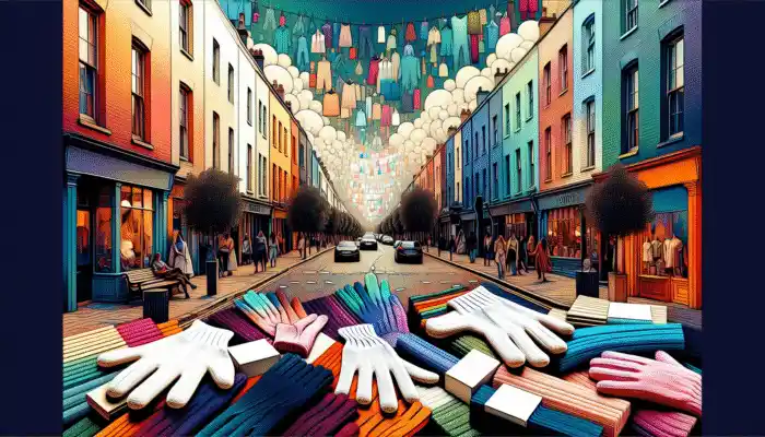 Cotton Gloves in Brighton: A vibrant Brighton street with unique boutiques displaying diverse cotton gloves and chic collections.