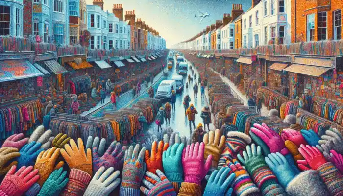 People in Brighton wearing colorful cotton gloves in spring and thicker, lined gloves in winter.