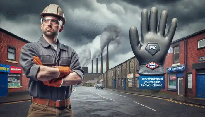 A worker in Burnley wearing durable PVC gloves in front of a hardware store under a cloudy sky.