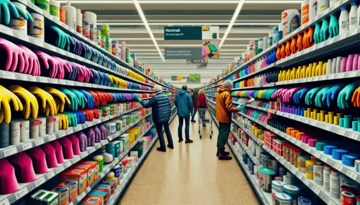 Rubber Gloves in Hucknall: Diverse rubber gloves on Hucknall supermarket shelves, shoppers comparing brands like Asda, Tesco, ALDI for household and industrial use.