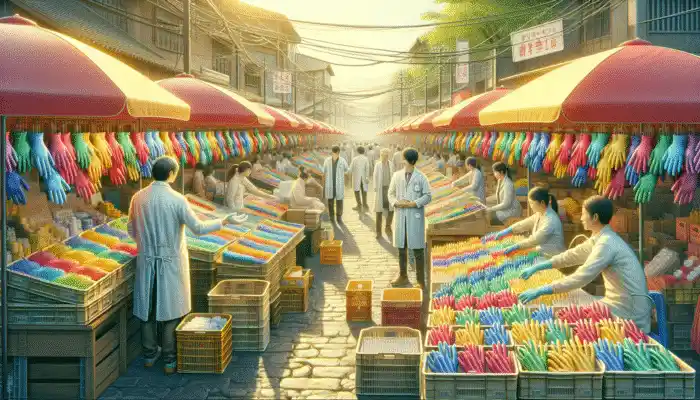 A bustling Hucknall market with colorful rubber gloves stalls, experts in lab coats advising buyers.