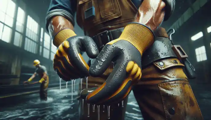 PVC Work Gloves Supplier in Filton: Close-up of rugged PVC work gloves with durable texture, used in wet, industrial setting for hand protection.