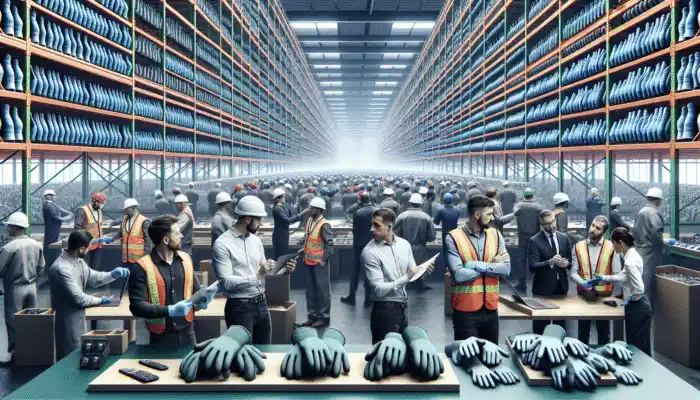 A busy warehouse in Filton with PVC work gloves on display, experts discussing safety gear.