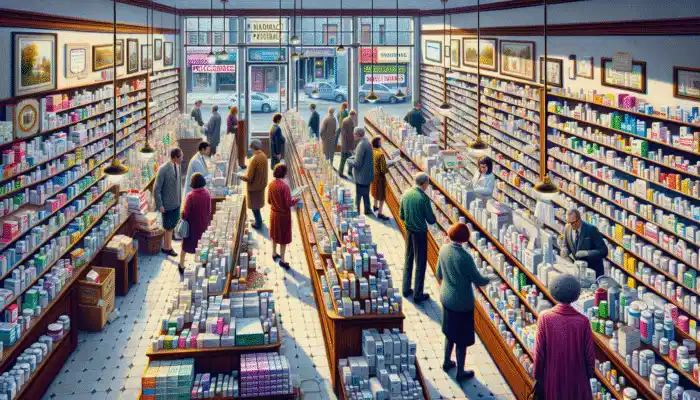 Nitrile Gloves in Stafford: A busy Stafford pharmacy with nitrile gloves on shelves, customers shopping near Boots and LloydsPharmacy signs.