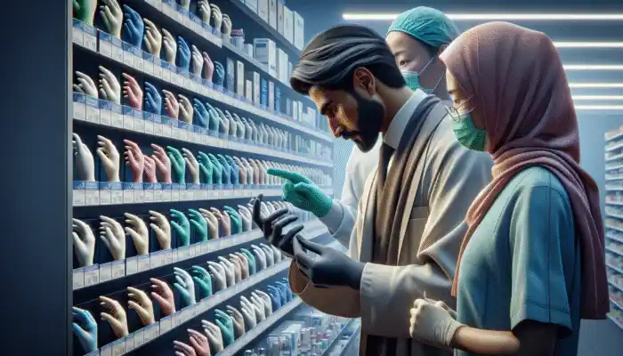 A healthcare professional examining medical-grade nitrile gloves in a well-stocked shop with expert staff nearby.