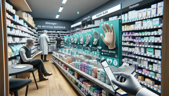 A local pharmacy in Stafford with nitrile gloves on shelves, allergen-free labels, customer feedback, and a supplier audit in progress.
