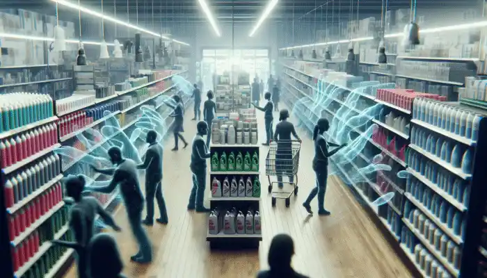 Polythene Gloves in Chatham: Shoppers in Chatham browsing polythene gloves in supermarkets and hardware stores, under cleaning and safety signs.