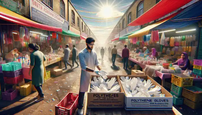 A vendor in Chatham's market demonstrates the durability and hygiene of polythene gloves to customers.