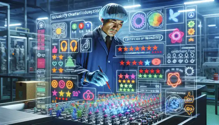 A quality control inspector examining certified, thick polythene gloves with customer reviews on a digital screen.