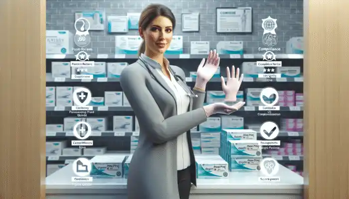 A professional medical supply store with positive reviews, compliance certificates, and secure payment options, assisting a client.