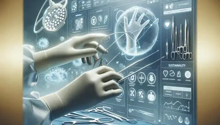 Eco-friendly latex alternatives for elbow-length surgical gloves in a modern, sustainable operating room.