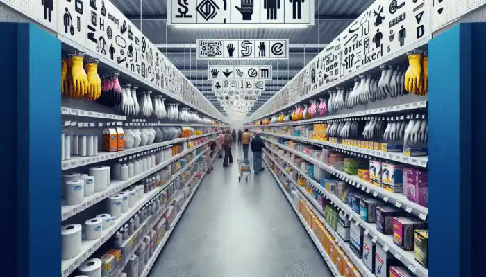 Latex Gauntlet Gloves in Wisbech: Aisle in Wisbech hardware store with latex gauntlet gloves, customers browsing, B&Q and Wickes signs visible.