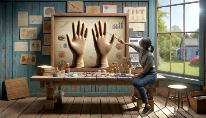 High-quality latex gauntlet gloves on a rustic table in Wisbech shop, expert pointing at features.