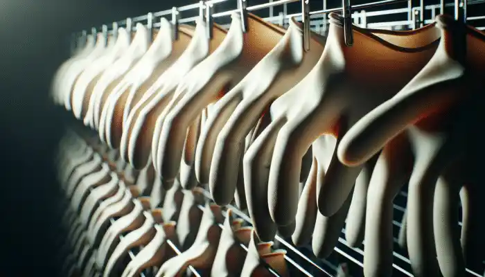Latex gauntlet gloves air-drying on a rack, showcasing texture and sheen under soft lighting.