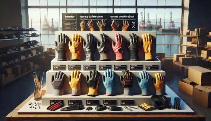 Safety gloves from Ansell, Portwest, and Showa with price tags from £3 to £35, displayed with industrial safety equipment in Swansea.