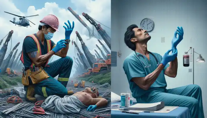 Construction worker with Ansell Hyflex gloves on site; healthcare professional using Portwest nitrile gloves in hospital.