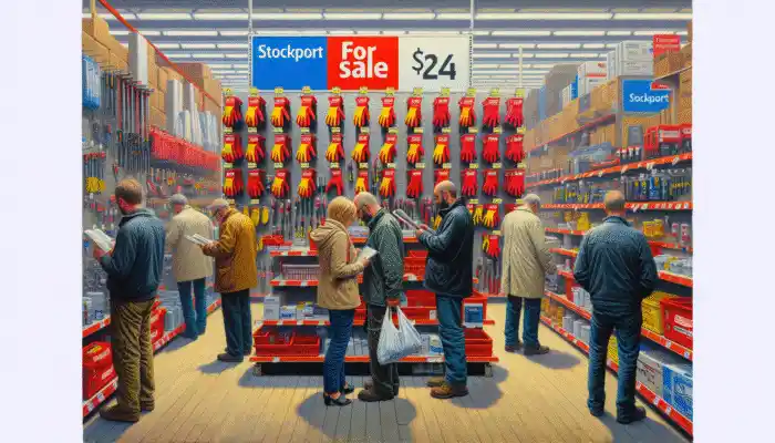 Display of PVC work gloves for sale at a hardware store in Stockport.