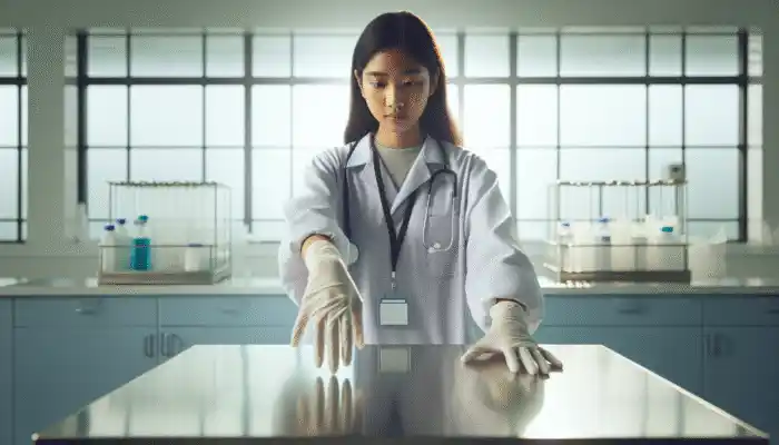 Disposable Gauntlet Gloves: A healthcare worker in long, disposable gauntlet gloves reaching for medical supplies on a sterile table.
