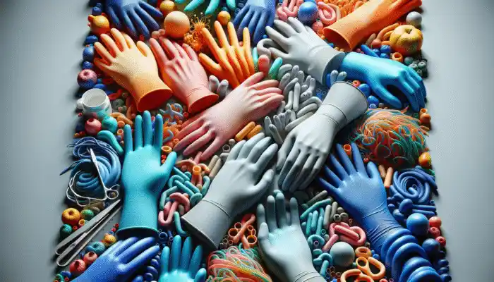 A vibrant display of latex, nitrile, and vinyl disposable gauntlet gloves in a UK market.