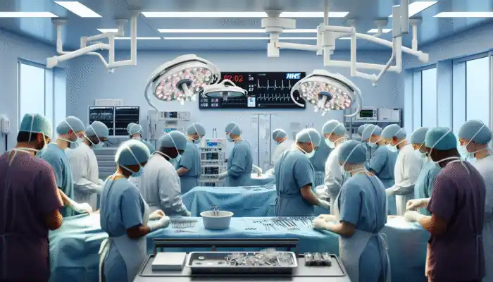 Surgeons and nurses in UK hospitals wearing disposable gauntlet gloves during surgery for sterility and patient safety.