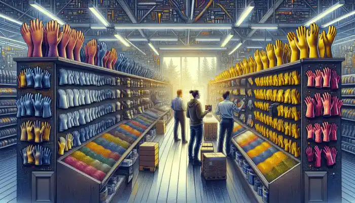 Heavy Duty Rubber Gloves in East Grinstead: Customer browsing heavy-duty rubber gloves at a hardware store in East Grinstead, with staff assistance.