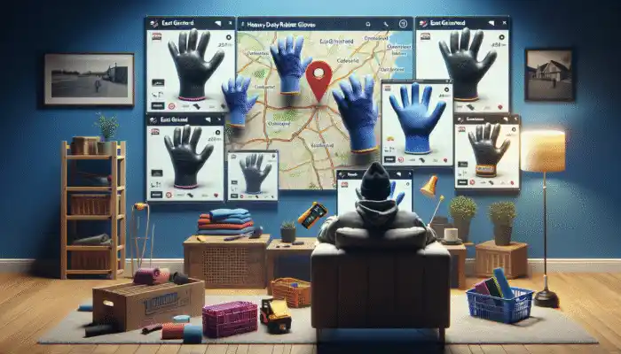 Person shopping online for heavy duty rubber gloves, East Grinstead map in background.