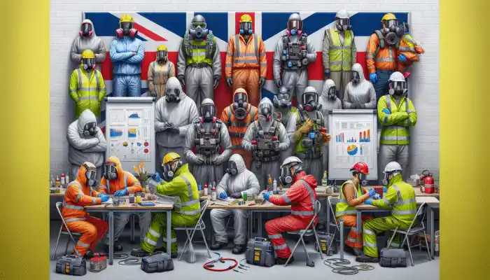 What Are Examples of PPE Equipment: Workers in UK workplace using FFP3 masks, half masks, and full-face respirators for safety.