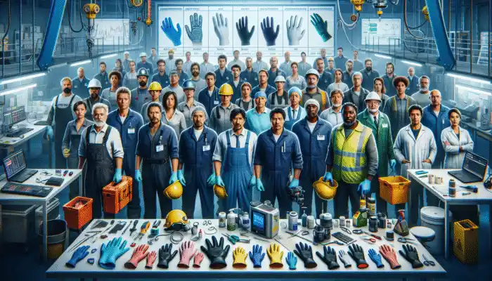 UK workers in manufacturing, construction, and healthcare wearing specialized gloves for safety.