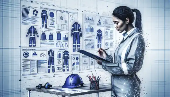 UK safety expert assesses risks, selects compliant PPE amidst charts and equipment.