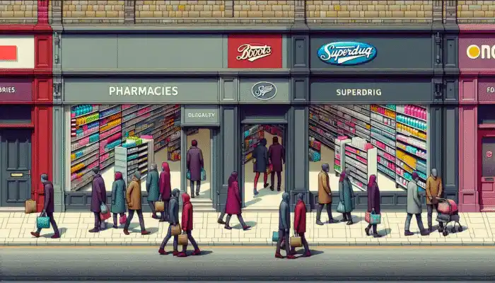 Nitrile Gloves in Leeds: A busy Leeds street with Boots and Superdrug signs, people accessing nitrile gloves inside.