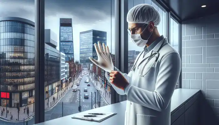 A professional examining nitrile gloves in a modern Leeds store with a city skyline view.