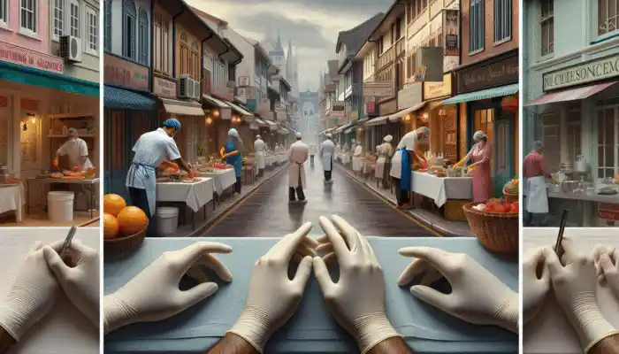 Powder Free Vinyl Gloves in King's Lynn: Busy street in King's Lynn: healthcare worker, chef, and cleaner using powder-free vinyl gloves for hygiene and comfort.