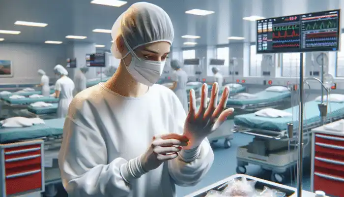 In a sterile King's Lynn hospital, a healthcare worker carefully donns powder-free vinyl gloves with clean hands for hygiene.