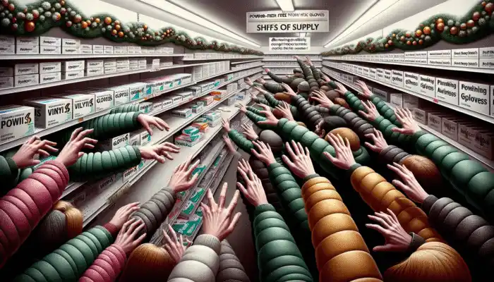 Crowded King's Lynn shelf displays scarce powder-free vinyl gloves during flu season; anxious shoppers reach for last boxes near health posters.