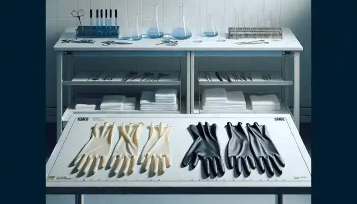 Latex Gauntlet Gloves in Redcar: Close-up of thin blue disposable and thick black reusable latex gauntlet gloves on a sterile UK lab table, emphasizing durability and safety.