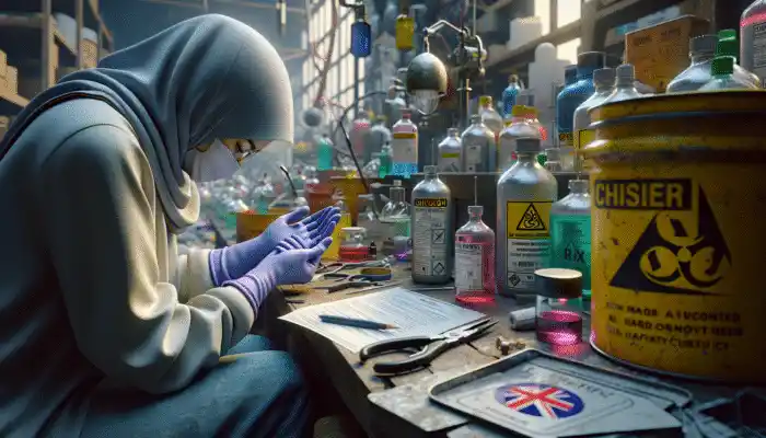 A worker in a cluttered industrial lab examines latex gauntlet gloves for UK safety certifications, with hazardous chemicals nearby.