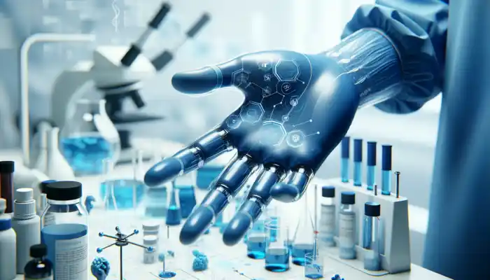 Sterile Nitrile Gloves in St Neots: Close-up of sleek blue sterile nitrile gloves in a medical lab, demonstrating flexibility and tear resistance while handling chemicals.