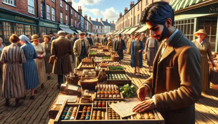 Bustling market in historic St Neots: suppliers display goods on wooden stalls, entrepreneur examines samples under sunny skies with crowds and brick buildings.