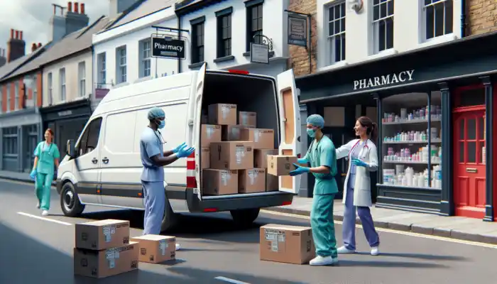 A white delivery van unloads sealed boxes of sterile nitrile gloves at a St Neots pharmacy, with healthcare professionals in scrubs eagerly receiving them.