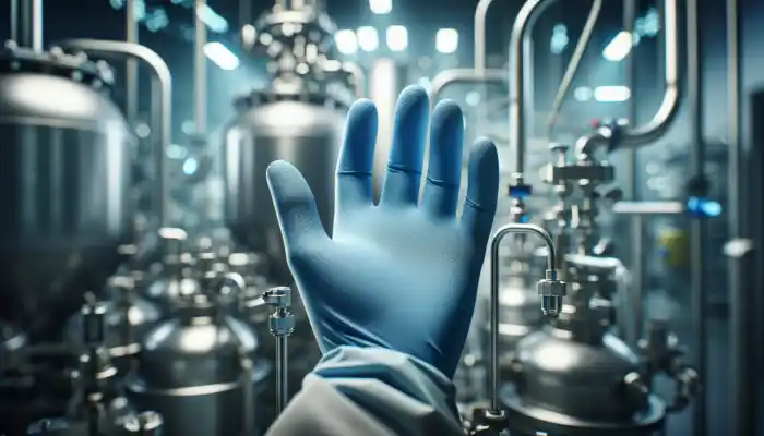 Nitrile Gloves In Milton Keynes: Close-up of durable blue nitrile gloves with textured surface, handling hazardous lab equipment in a sterile industrial environment.